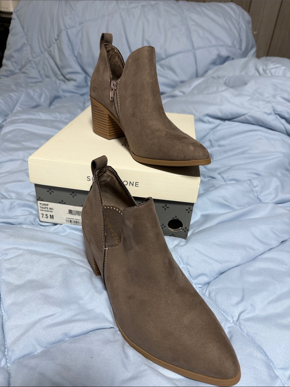 Sun+Stone Taupe Suede Pointed Toe Ankle Booties